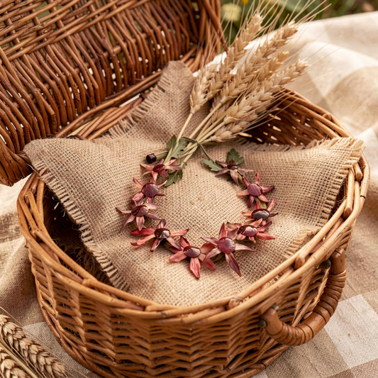 Couronne KANZA Fleur recto-verso Feuille d'artichaut et son oignon rouge Stabilisé sur raphia