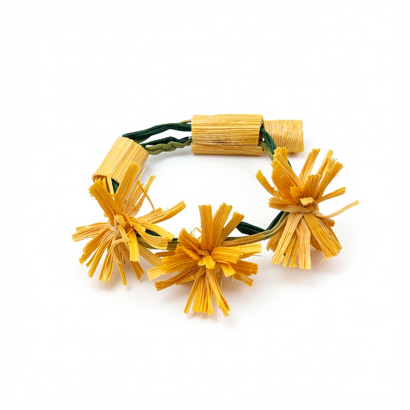 Bracelet LOMASI  pompons feuilles de Maïs Stabilisé sur raphia