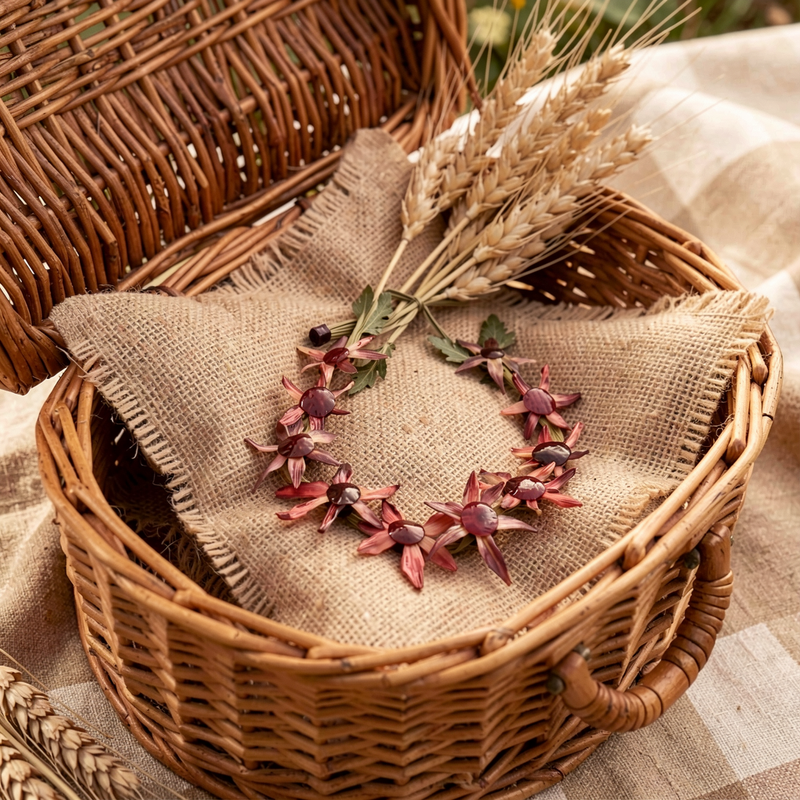 Couronne KANZA Fleur recto-verso Feuille d'artichaut et son oignon rouge Stabilisé sur raphia