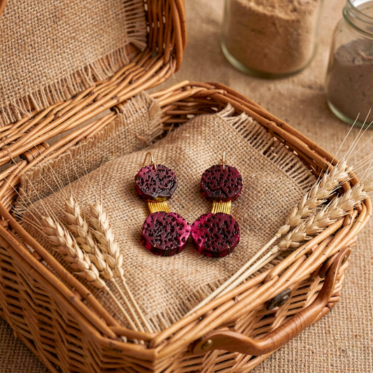 Boucle d'oreille YUKI Rondelles du Fruits du dragon et son bâtonnet en Feuille de maïs Stabilisés